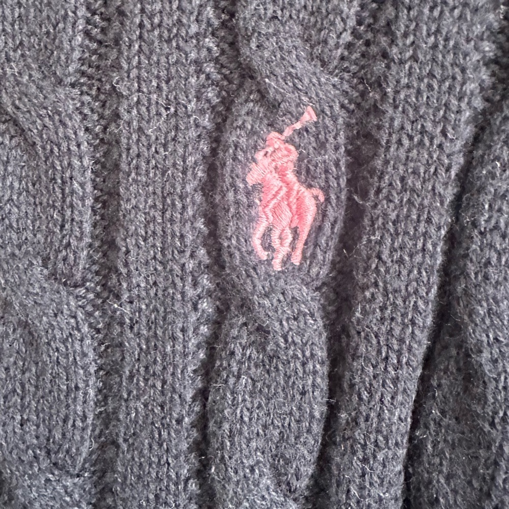 EUC. Size Small (7) Polo Ralph Lauren Girls Navy Cable Knit Sweater w/Pink Pony - Picture 6 of 9